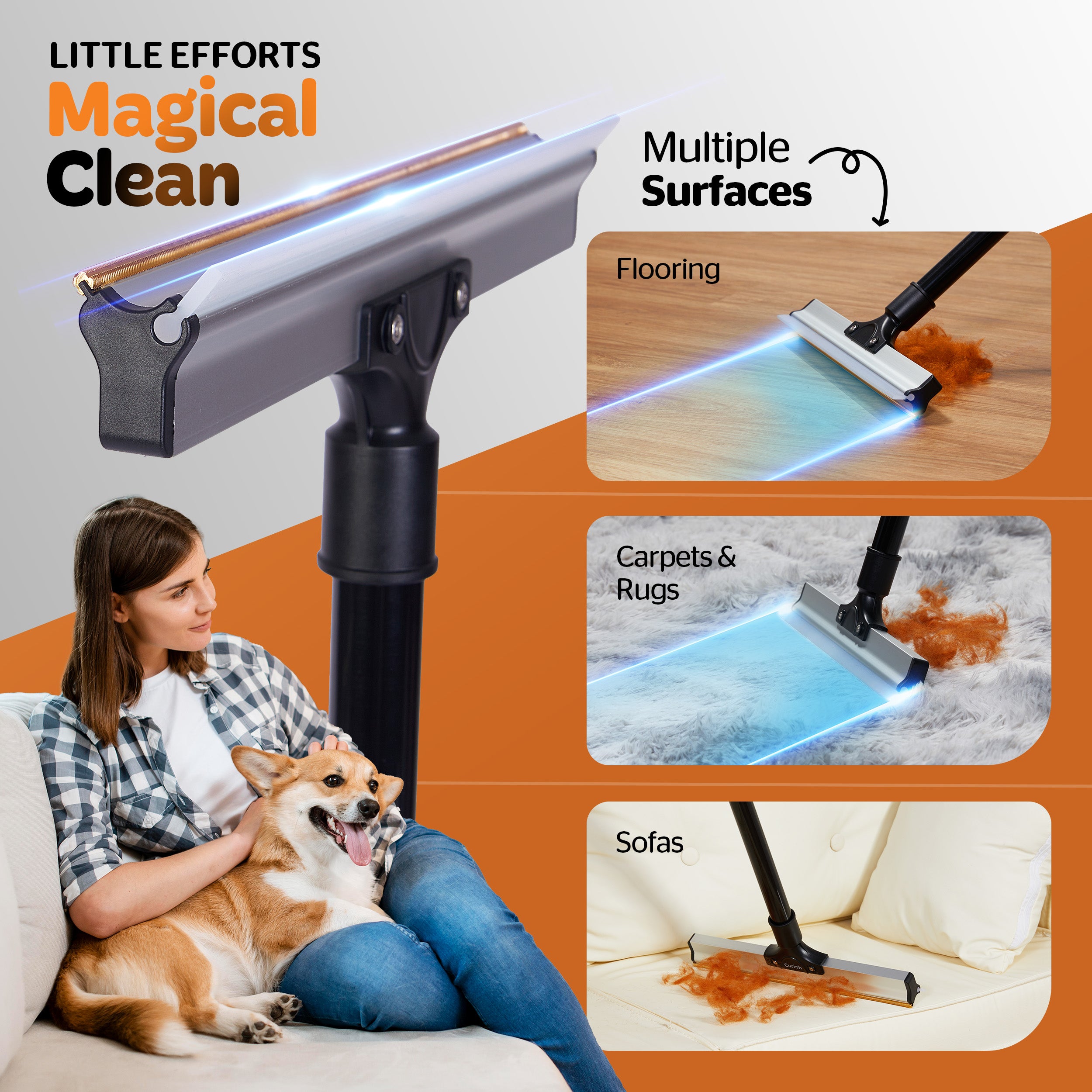 Best Pet Hair Remover Tool for Carpets and Flooring used on Multiple Surfaces.