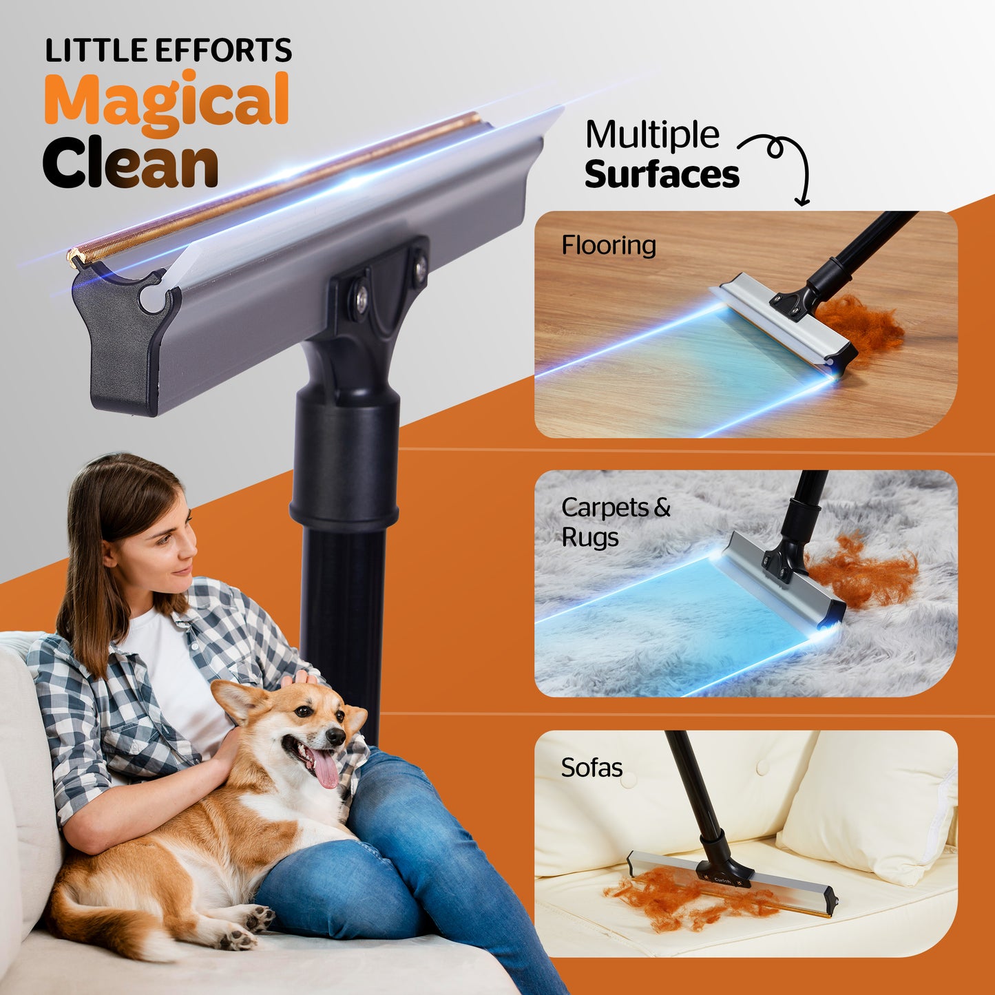 Best Pet Hair Remover Tool for Carpets and Flooring used on Multiple Surfaces.